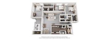 A 3D floor plan of a house with labeled rooms.