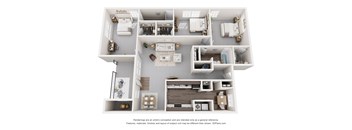A 3D floor plan of a house with labeled rooms.