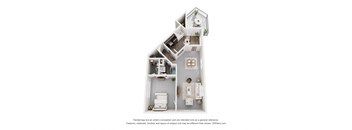 A 3D floor plan of a house with a kitchen, living room, and bathroom.