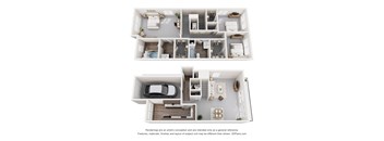 A 3D floor plan of a house with two bedrooms, a living room, a kitchen, a bathroom, and a garage.