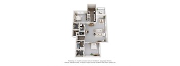 A 3D floor plan of a house with a kitchen, living room, and two bedrooms.