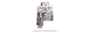 A 3D floor plan of a house with a kitchen, living room, and bathroom.