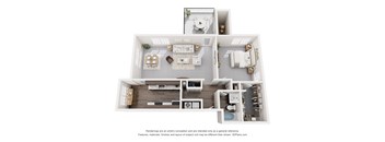A 3D floor plan of a house with multiple rooms and furniture.