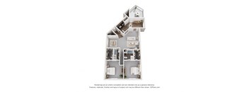 A 3D floor plan of a house with a kitchen, living room, and bedrooms.
