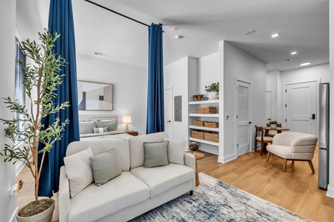 A living room with a white couch and a potted plant.