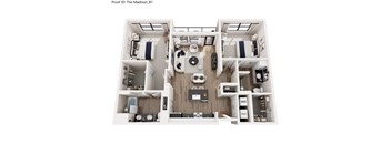 A top-down view of a modern apartment layout with a kitchen, living room, and two bedrooms.