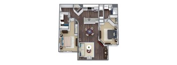 A top-down view of a house layout with a central living area, bedrooms, and a kitchen.