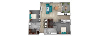A floor plan of a small apartment with a kitchen, living room, and two bedrooms.