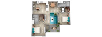 A top-down view of a house interior with a central staircase and various rooms.