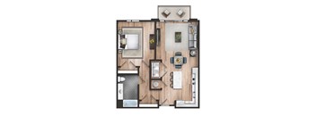 A top-down view of a house layout with a living room, dining room, kitchen, and bathrooms.