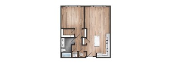 A top-down view of a room with a bathroom and a kitchen area.