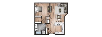 A floor plan of a house with a kitchen, living room, and bathroom.