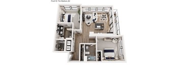 A floor plan of a small apartment with a kitchen, living room, and bathroom.