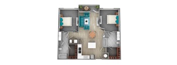 A top-down view of a house layout with a central living area, two bedrooms, a kitchen, and a bathroom.