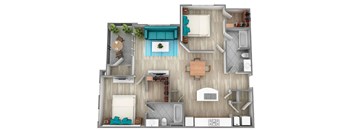 A top-down view of a house layout with a living room, kitchen, and bathroom.