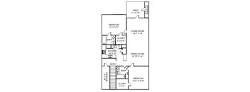 A floor plan of a house with a living room, dining room, kitchen, and two bedrooms.