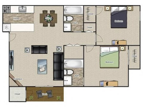 2 Bed 2 Bath Floor Plan |  833 Sq. Ft. at Village 1373, Greensboro, North Carolina 27455