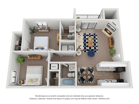 2 Bed 2 Bath Floor Plan |  883 Sq. Ft. at Village 1373, NC 27455