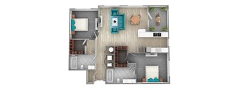 A floor plan of a house with a kitchen, living room, dining room, and bathrooms.
