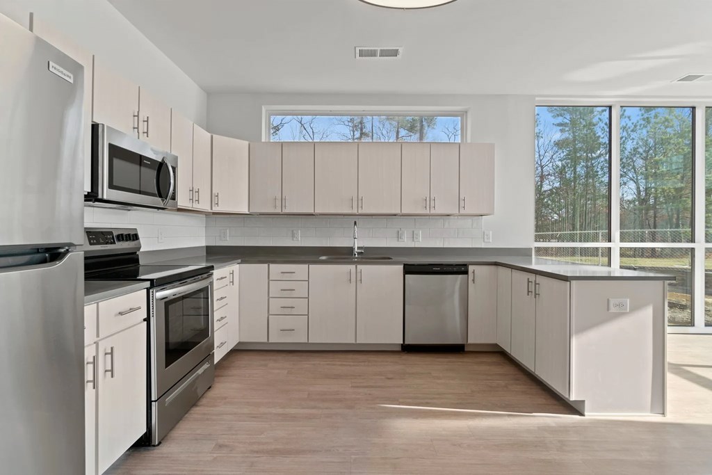 a kitchen with white cabinets and stainless steel appliancesat Metropolis Apartments, Virginia