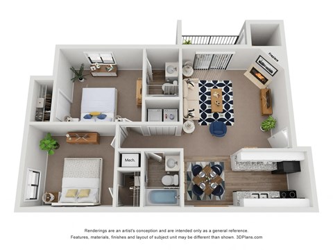 2 Bed 2 Bath Floor Plan |  883 Sq. Ft. at Village 1373, Greensboro, North Carolina