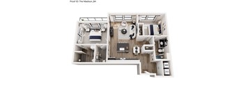 A floor plan of a small apartment with a kitchen, living room, and bedroom.