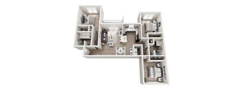 A white floor plan of a house with a kitchen, living room, and bedrooms.
