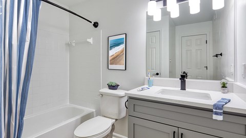 A bathroom with a white toilet, sink, and a blue shower curtain.