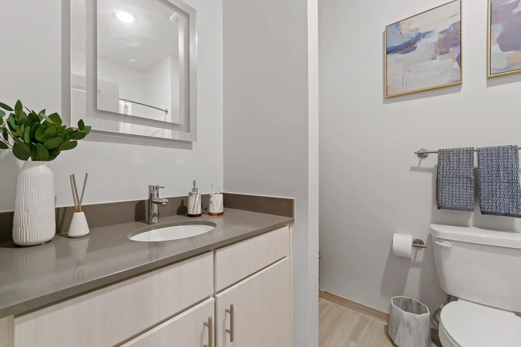 a bathroom with a sink and a toilet and a mirrorat Metropolis Apartments, Glen Allen, VA 23060