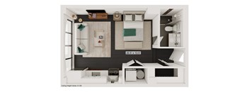 a floor plan of a studio apartment with a bedroom and a living room