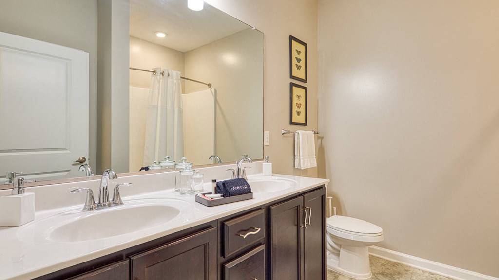 a bathroom with two sinks and a toilet and a mirror
