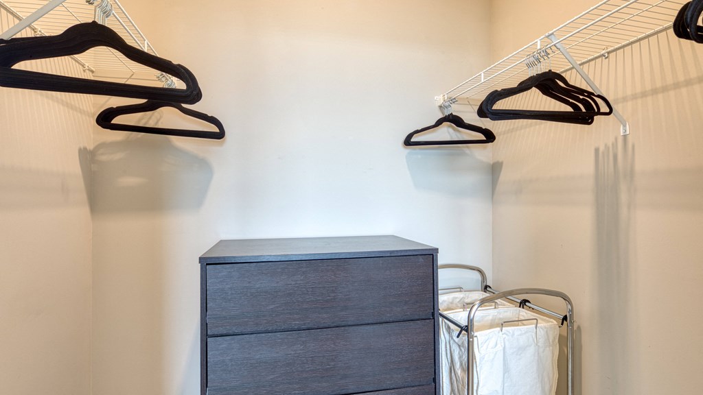 a walk in closet with a dresser and two hangers with bags on it