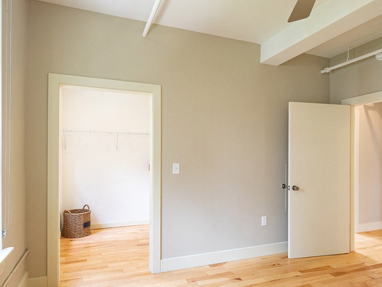 Closet in bedroom at luxury apartments in Downtown Richmond VA
