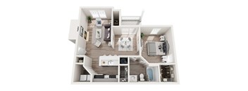 A top-down view of a modern apartment layout.