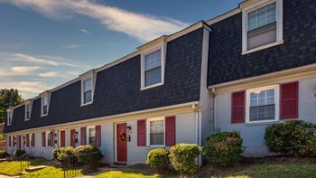a row of houses with blue siding and red shutters