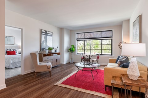 A living room with a red rug and a white lamp.