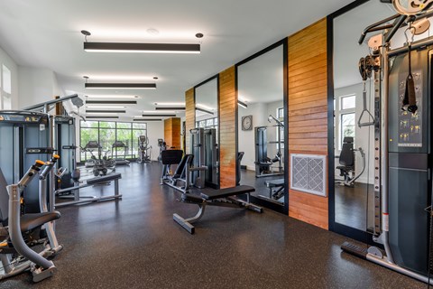 A gym with a variety of equipment including treadmills, weights, and exercise machines.