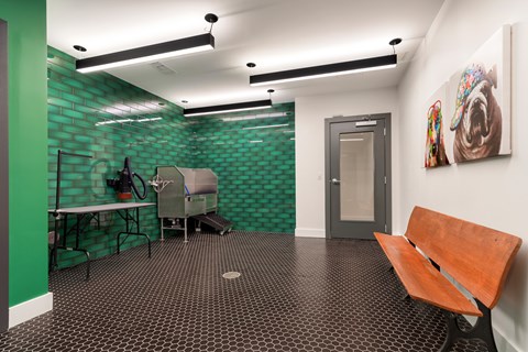 A room with a green wall and a wooden bench.