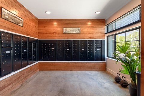 A room with a wooden wall and a row of black lockers.