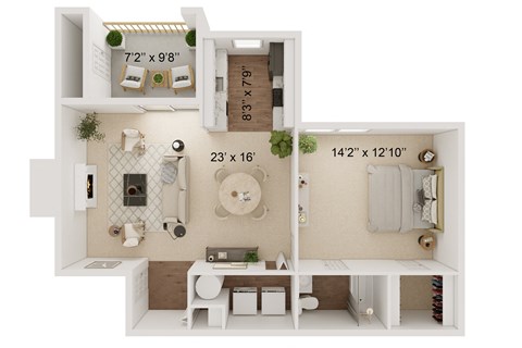 a view of the apartment floor plan with a desk and a chair