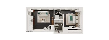 a bedroom with a bed and a chair in a small room
