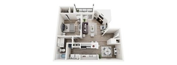 A top-down view of a small, well-organized apartment with a kitchen, living room, and bathroom.