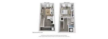 A floor plan of a small apartment with two bedrooms and a living area.