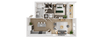 A top-down view of a modern apartment layout with a living room, kitchen, and bedroom.