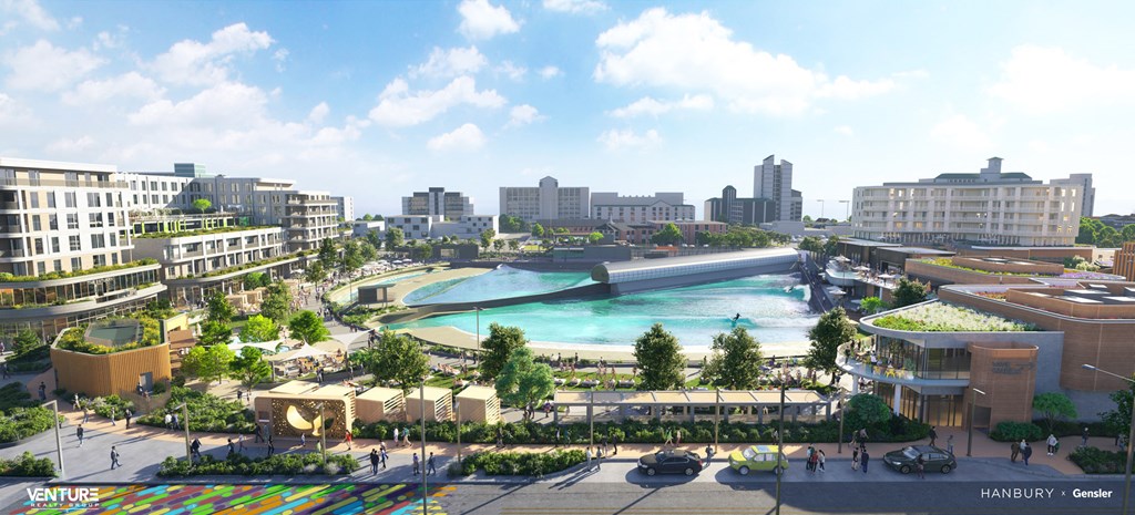 A colorful urban landscape with a pool in the center.