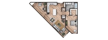 A top-down view of a house layout with a kitchen, living room, and bathroom.