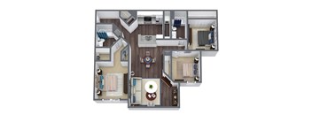A top-down view of a house layout with a kitchen, living room, and bathroom.