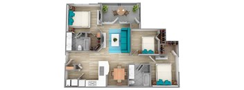 A top-down view of a house layout with a kitchen, living room, and bathrooms.