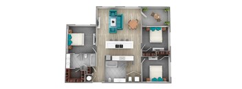 A top-down view of a house layout with a kitchen, living room, and bedrooms.