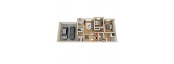 A dollhouse living room with two cars and a kitchen.